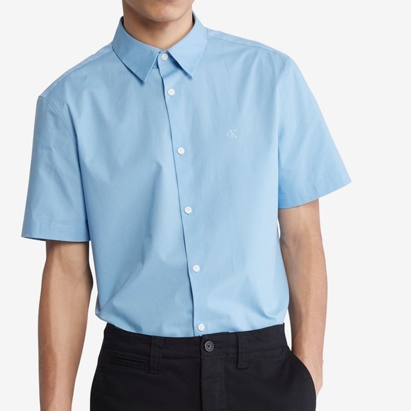 Calvin Klein Slim Fit Stretch Short Sleeved Shirt Blue NWT L - Picture 2 of 4